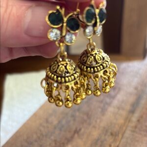 Elegant Gold Tone Green Clear Rhinestone Butterfly Jhumka Pierced Earrings
